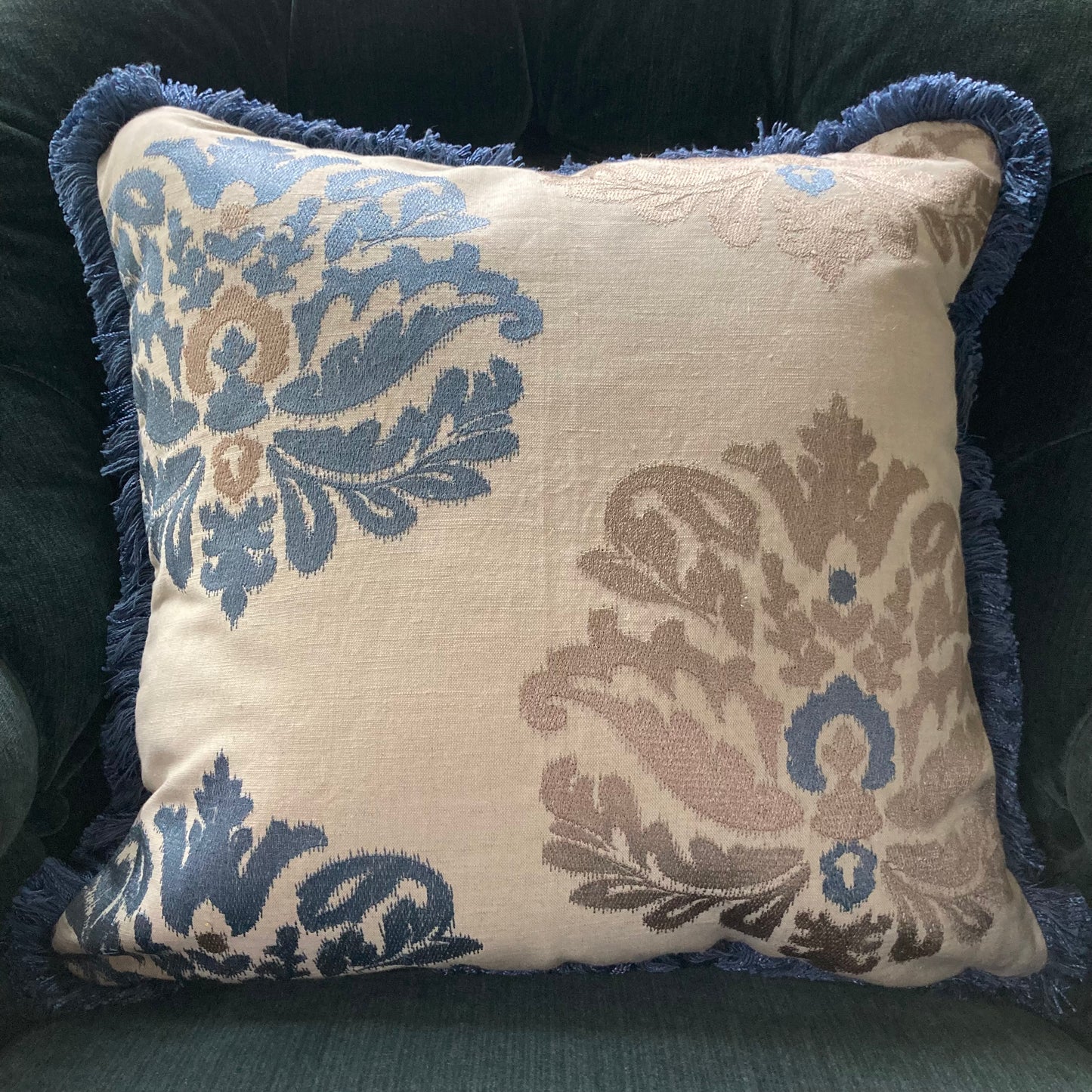 Amara Lapis Blue Medallions Linen 16 x 16 Square Designer Pillow Front with Down Feather Insert