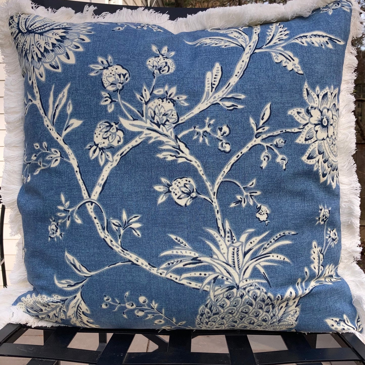 Bienvenue Tropical on Faded Denim Designer Pillow 21 X 21 Square Front with Down Feather Insert