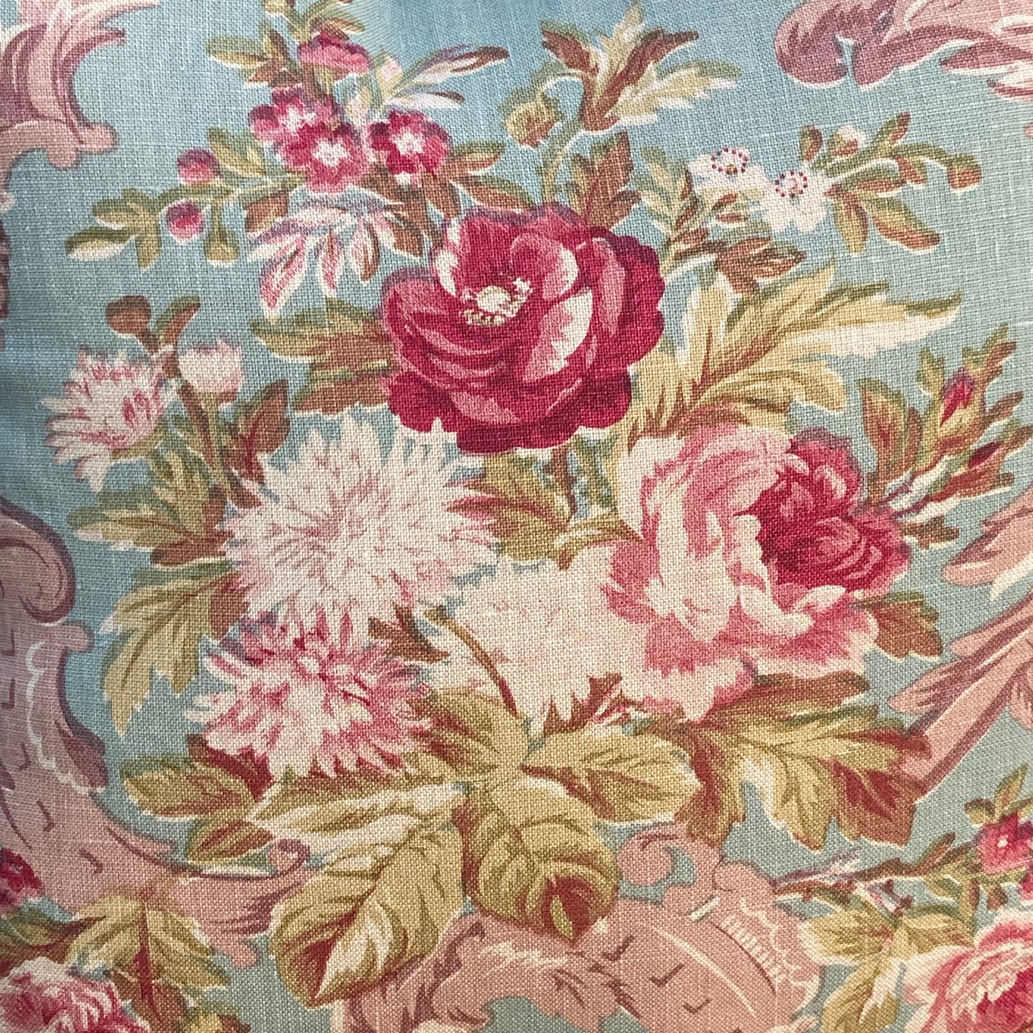 Vintage Old World Hand Printed Roses 16 X 16 Square Designer Pillow with Down Feather Insert