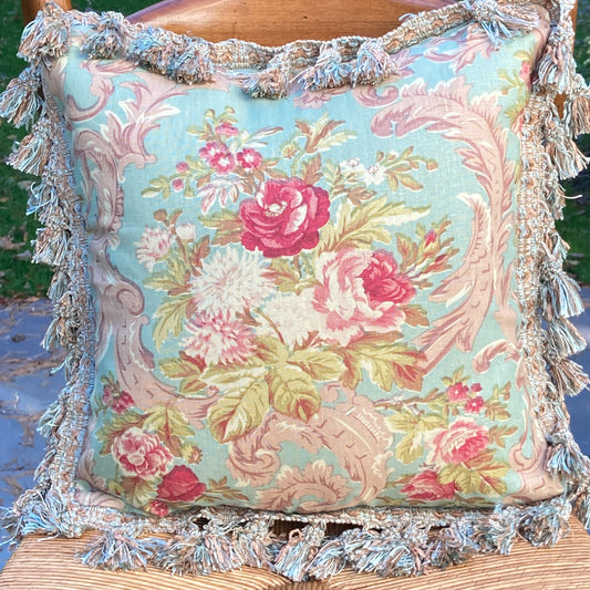 Vintage Old World Hand Printed Roses 16 X 16 Square Designer Pillow with Down Feather Insert
