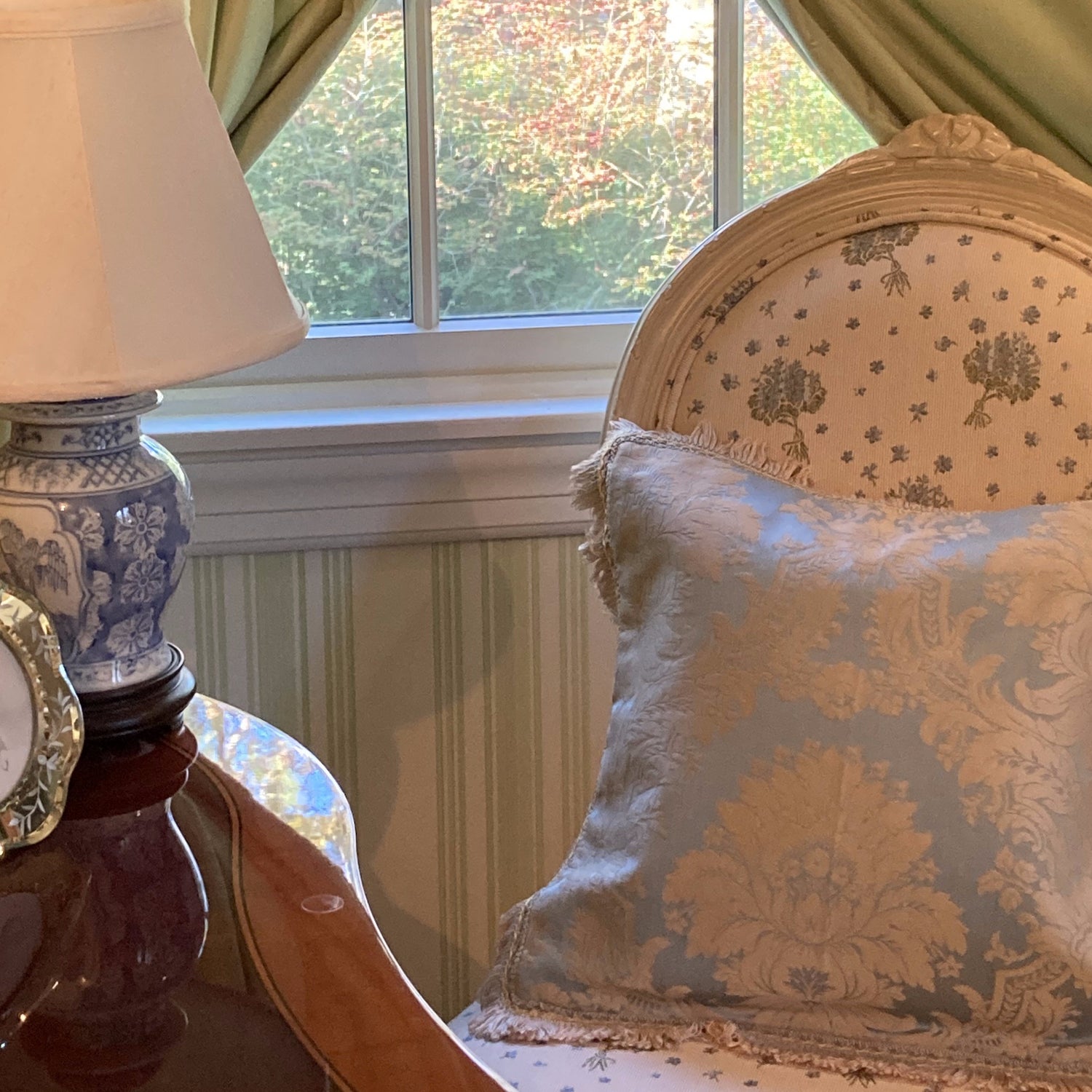 Bridgerton Seafoam Damask with Hand Applied Trim 17 X 17 Square Designer Pillow Front with Down Feather Insert
