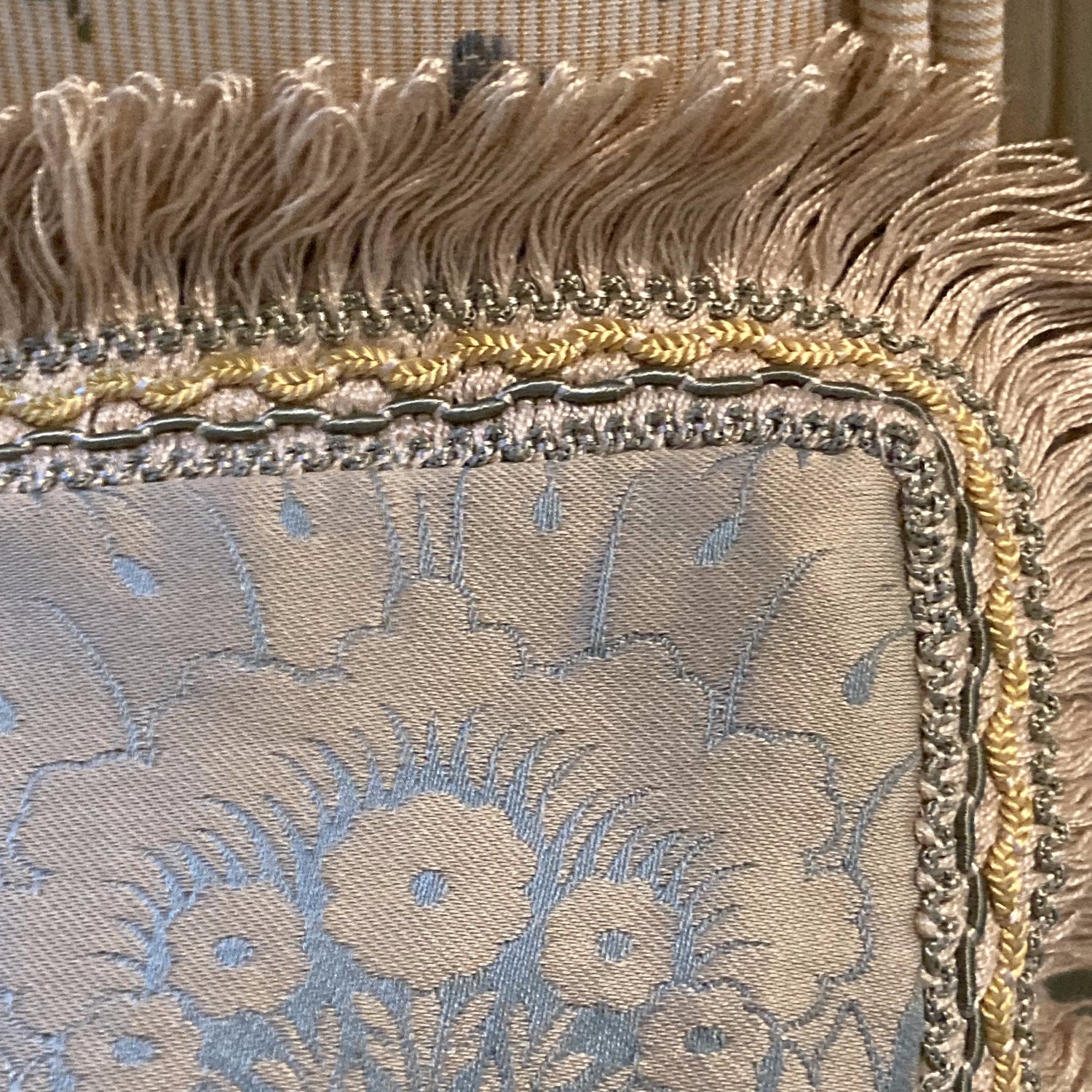 Bridgerton Seafoam Damask with Hand Applied Trim 17 X 17 Square Designer Pillow Fringe with Down Feather Insert