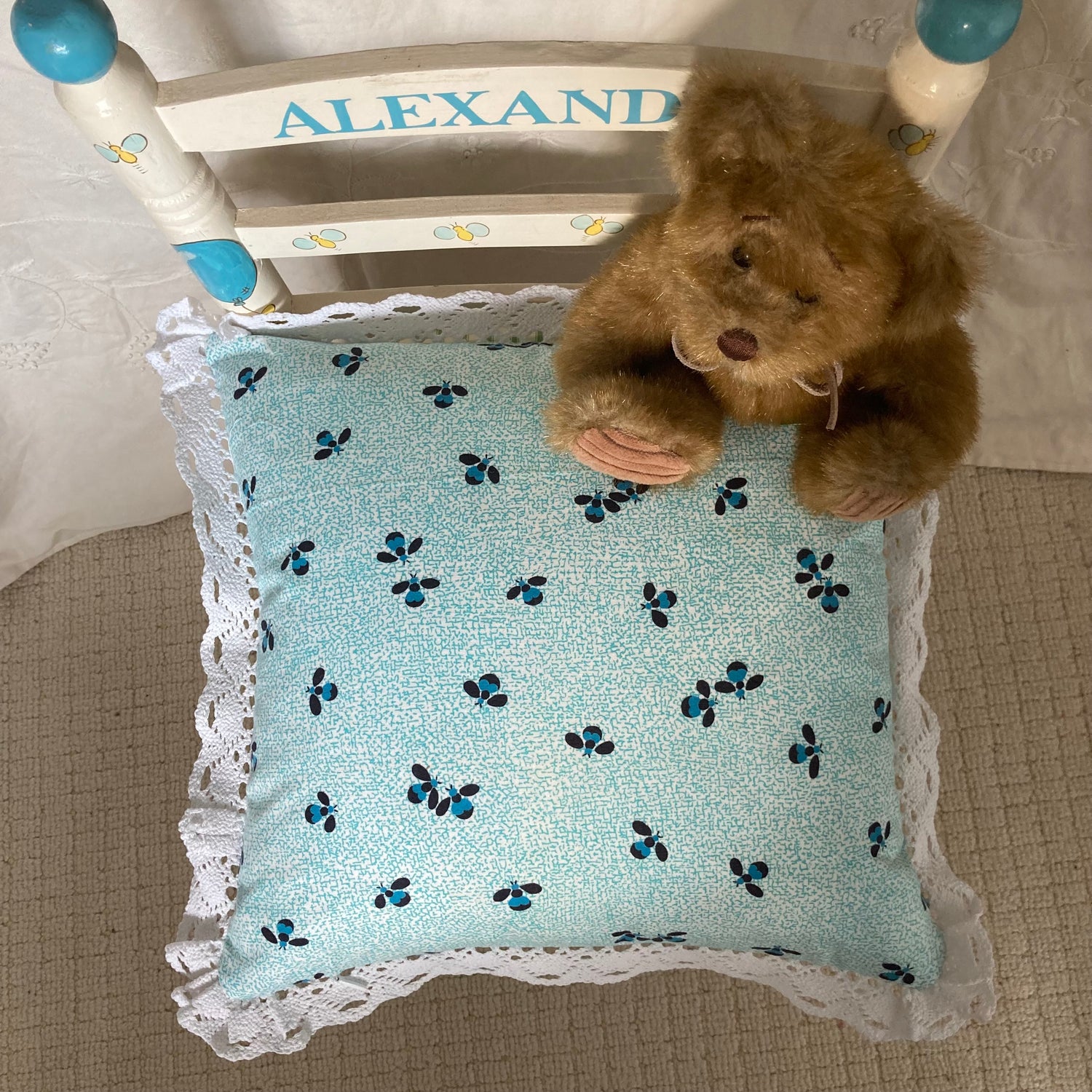 Winnie The Pooh and Friends with Honeybees 15 X 15 Square Decorative Pillow Detail with Down Feather Insert