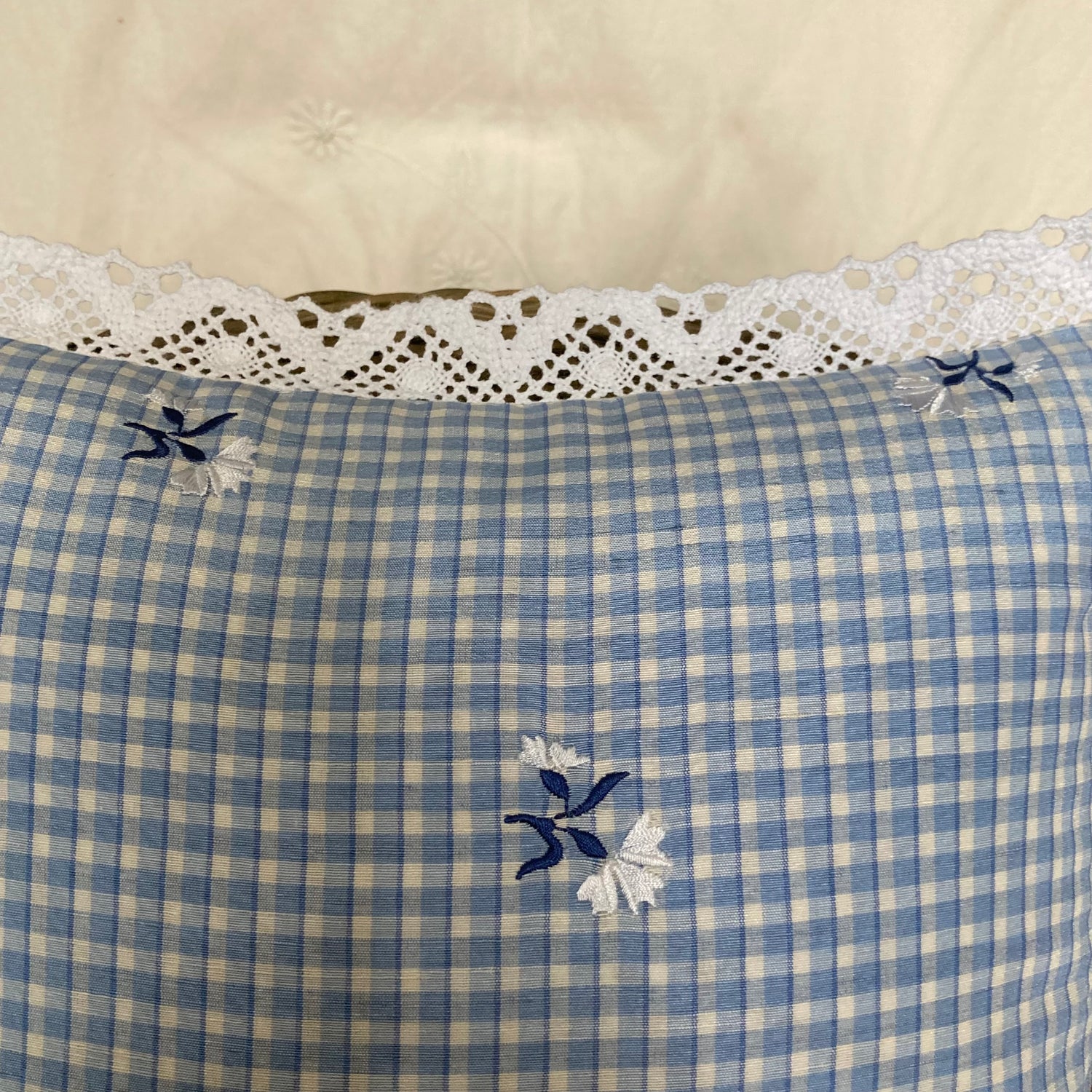 Nursery Rhymes Gingham Blue 13 x 13 Square Decorative Pillow Back with Down Feather Insert