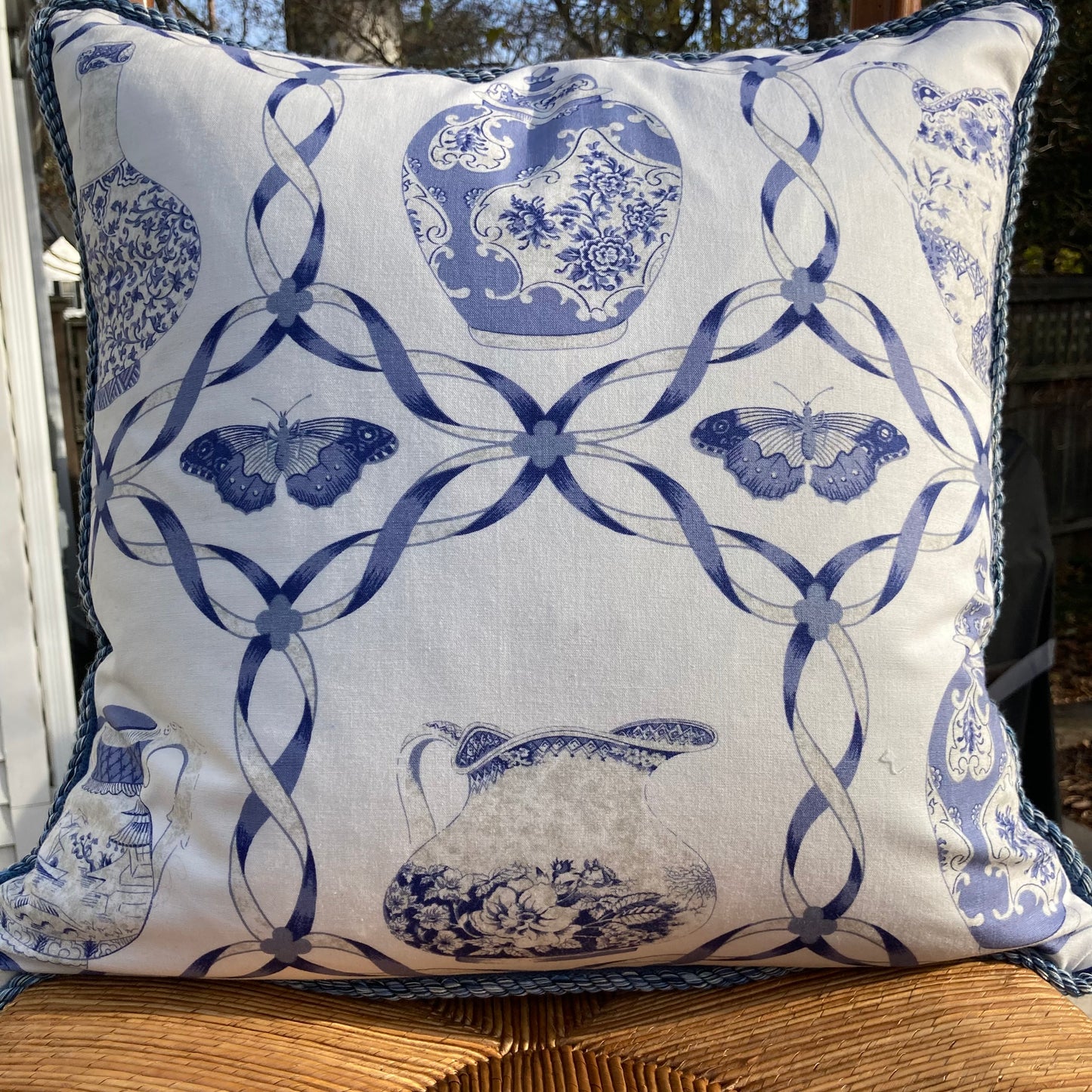 Chinoiserie Blue & White Ceramics 19 x 19 Square Designer Pillow with Down Feather Insert