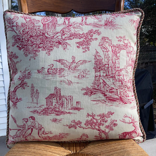 Vintage Country Hand Printed Paprika Red Toile Square 20 x 20 Pillow Front with Down Feather Insert