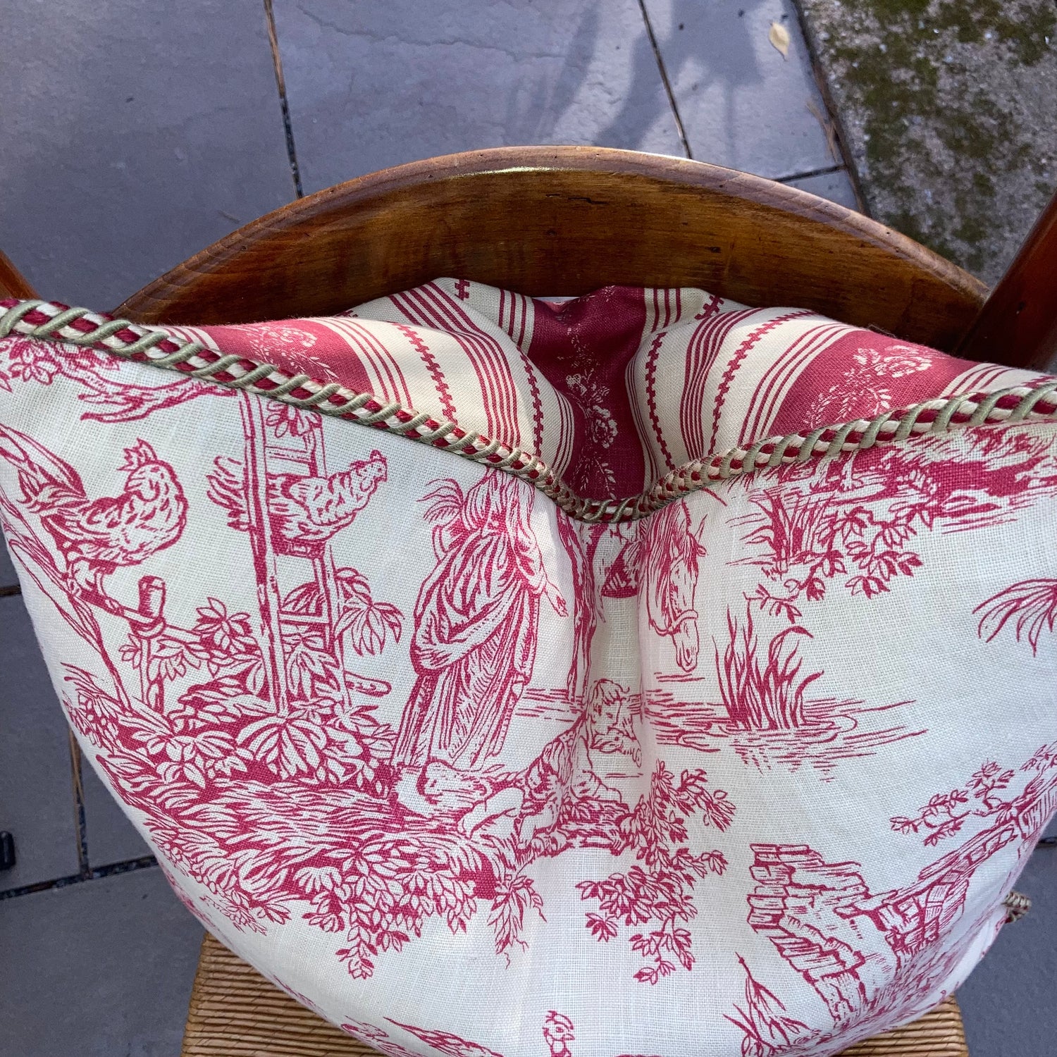 Vintage Country Hand Printed Paprika Red Toile Square 20 x 20 Pillow Detail with Down Feather Insert