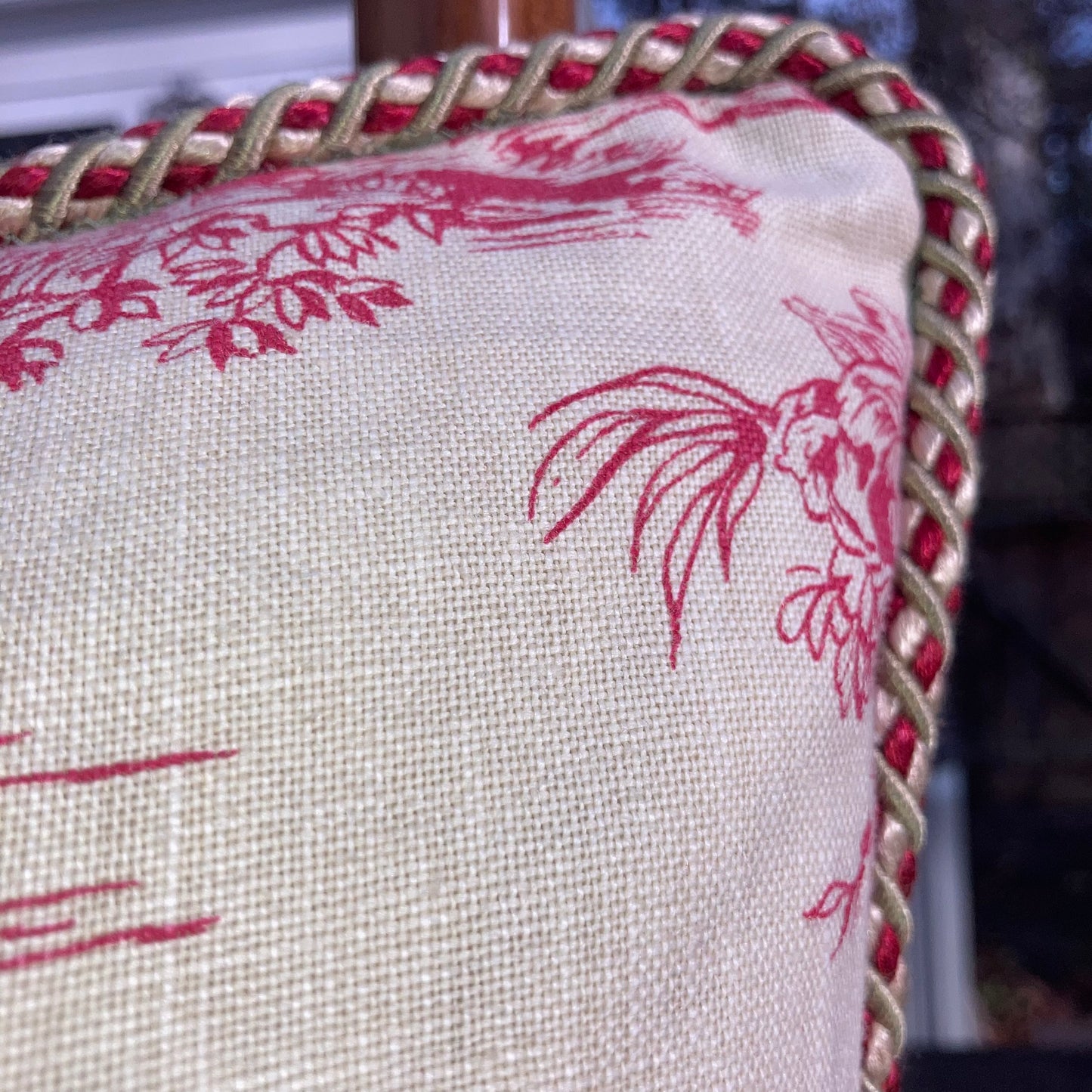 Vintage Country Hand Printed Paprika Red Toile Square 20 x 20 Pillow Detail with Down Feather Insert