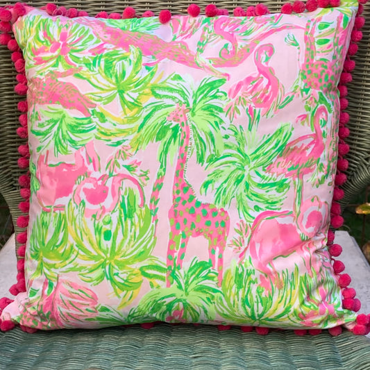 Lilly Jungle Retro Pink and Green with 60’s Boho Poms 17 X 17 Square Designer Throw Pillow with Down Feather Insert