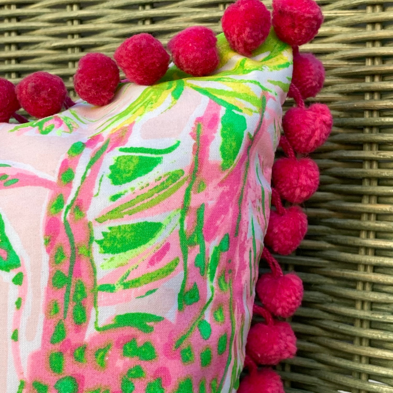 Lilly Jungle Retro Pink and Green with 60’s Boho Poms 17 X 17 Square Designer Throw Pillow with Down Feather Insert