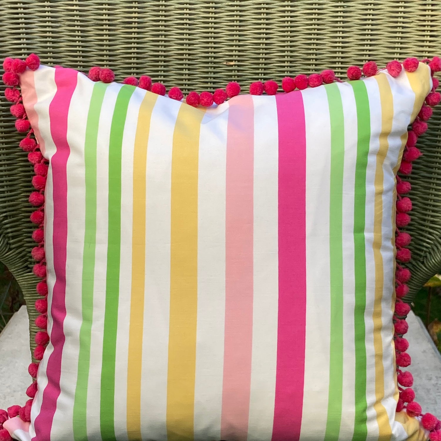 Lilly Jungle Retro Pink and Green with 60’s Boho Poms 17 X 17 Square Designer Throw Pillow with Down Feather Insert