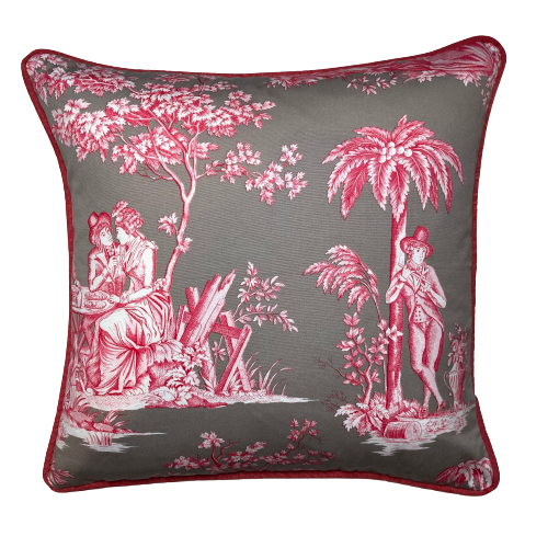 Manuel Canovas Elegant Cerise Toile 16 X 16 Square Designer Pillow with Down Feather Insert