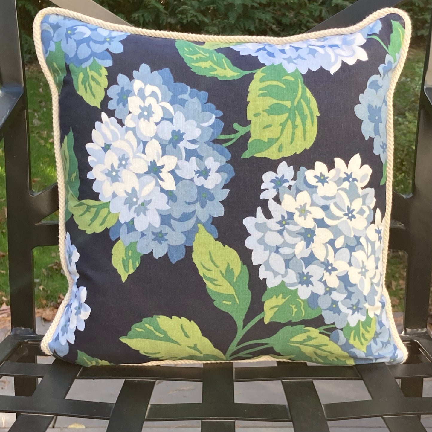Summer Wind Midnight Hydrangea and Toile 16 X 16 Square Designer Pillow Front with Down Feather Insert