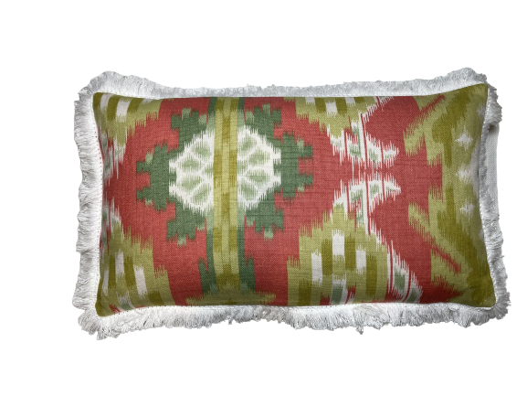Vibrant Ikat Coral and Green Print Lumbar 12 X 22 Rectangle Pillow with Down Feather Insert