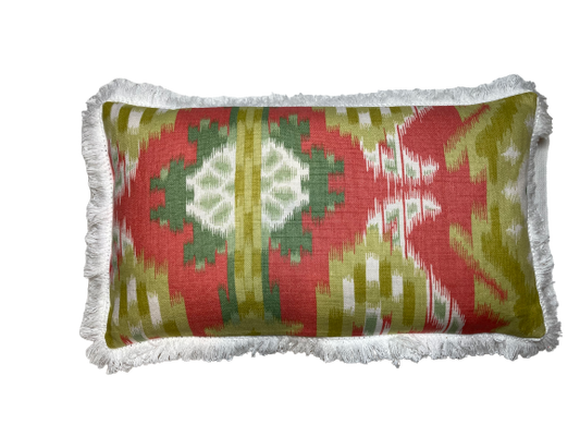 Vibrant Ikat Coral and Green Print Lumbar 12 X 22 Rectangle Pillow with Down Feather Insert