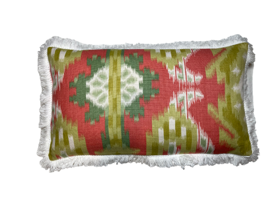 Schumacher Kiribati Ikat Coral and Green Print Lumbar 12 X 22 Rectangle Pillow with Down Feather Insert