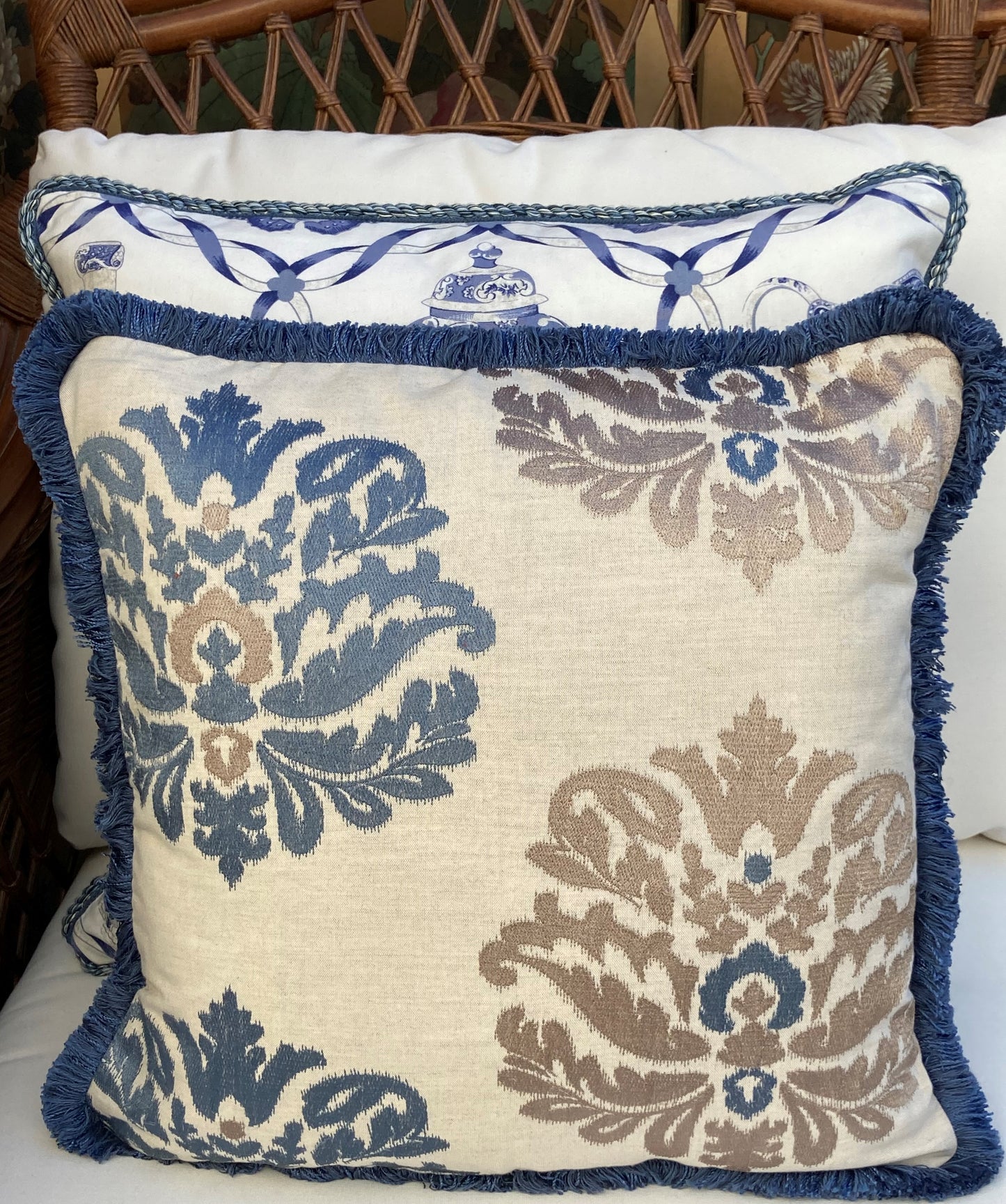 Amara Lapis Blue Medallions Linen 16 x 16 Square Designer Pillow on Chair