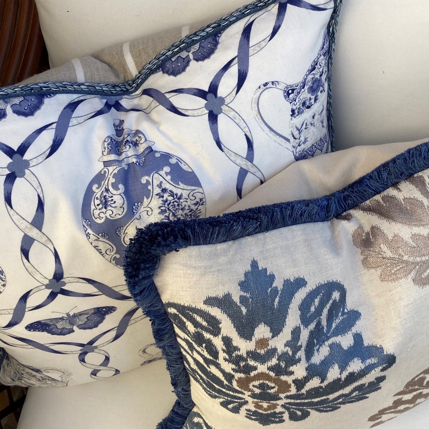 Amara Lapis Blue Medallions Linen 16 x 16 Square Designer Pillow on Chair