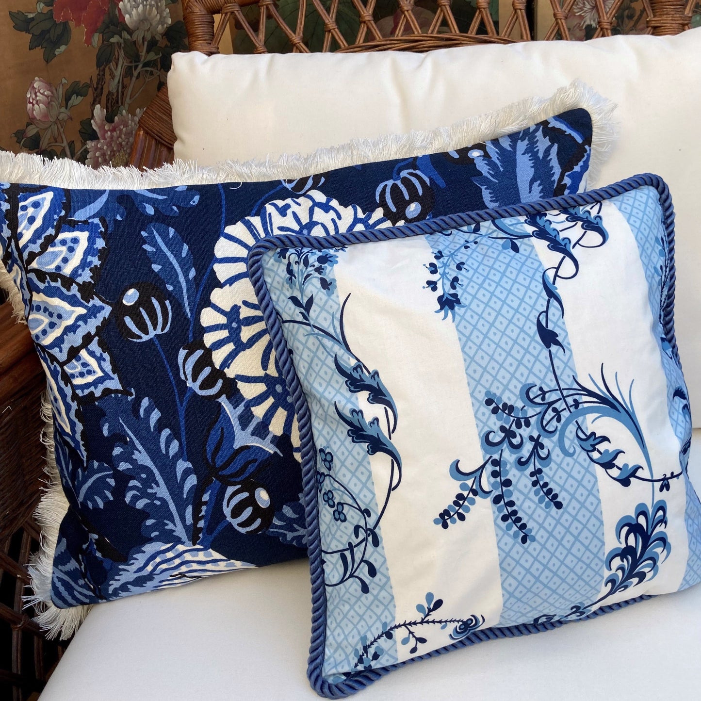 Bagatelle Serene Blue and White Trellis and Vine Stripe Decorative Pillow on Chair