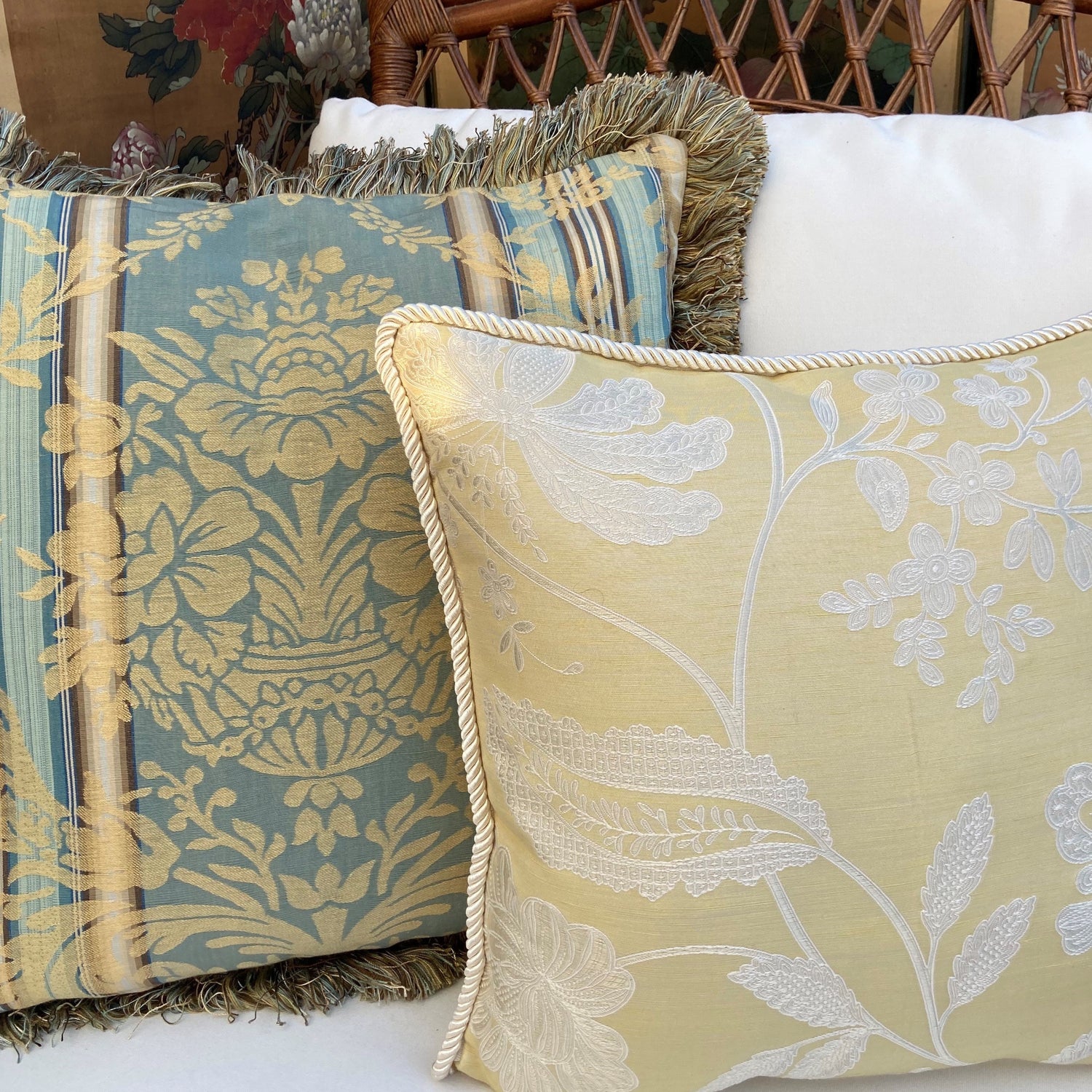 Camille Delicate Wildflowers on Silk 16 x 16 Square Designer Pillow On Chair with Down Feather Insert