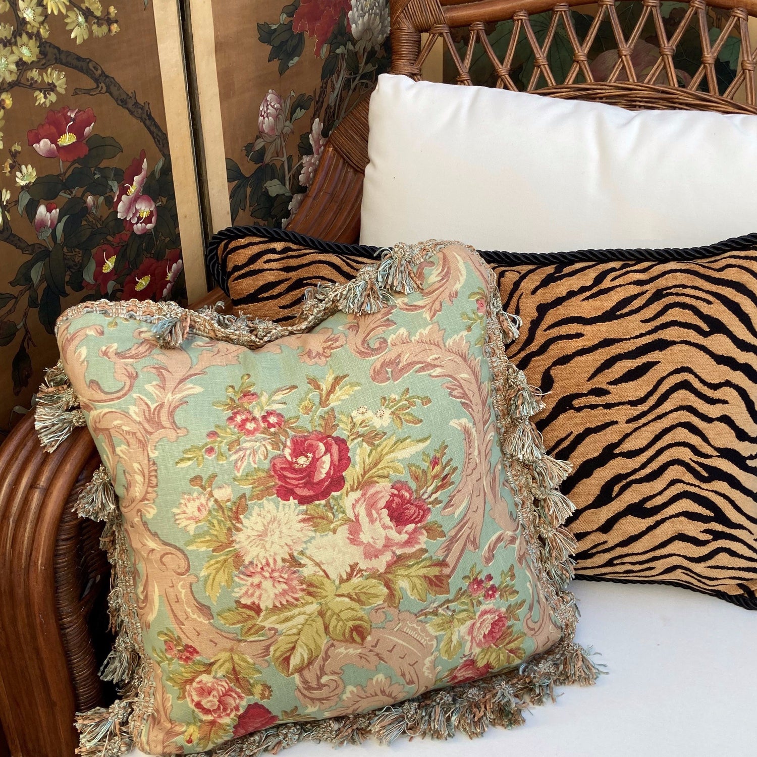Vintage Old World Hand Printed Roses 16 X 16 Square Designer Pillow with Down Feather Insert
