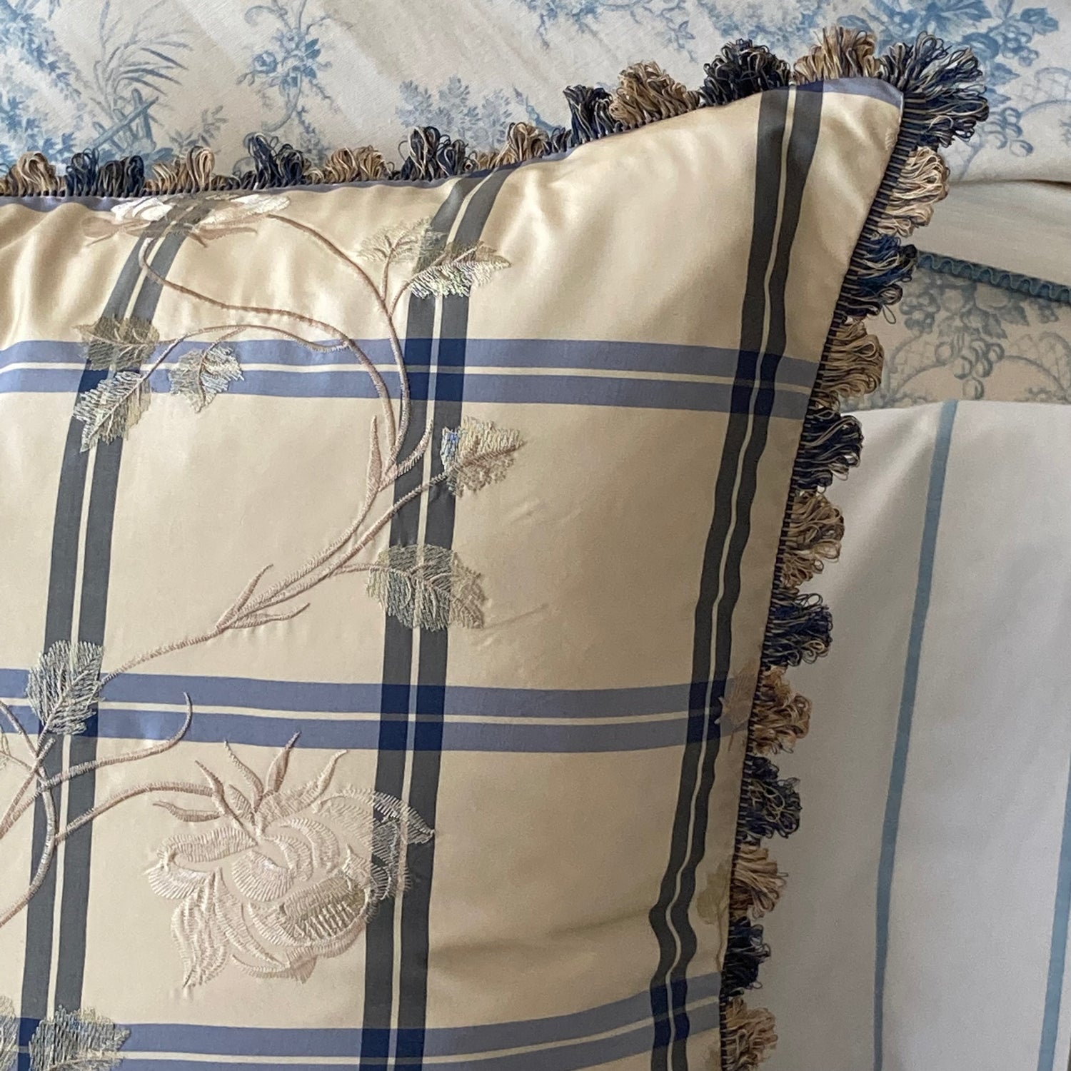 Thibaut Longwood Blue Garden 23 X 23 Square Designer Pillow Detail with Down Feather Insert