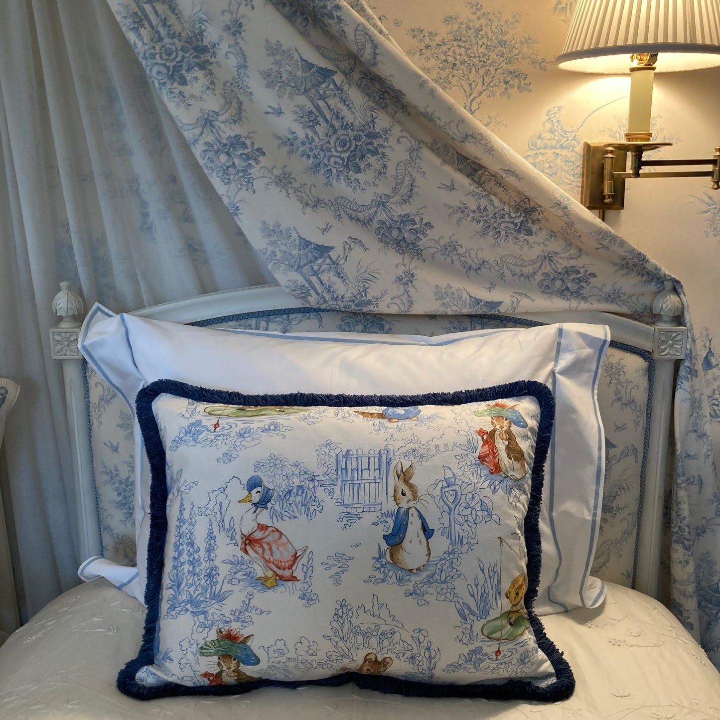 Rare Vintage Designer Peter Rabbit Blue Lumbar 17 x 21 Pillow with Down Feather Insert