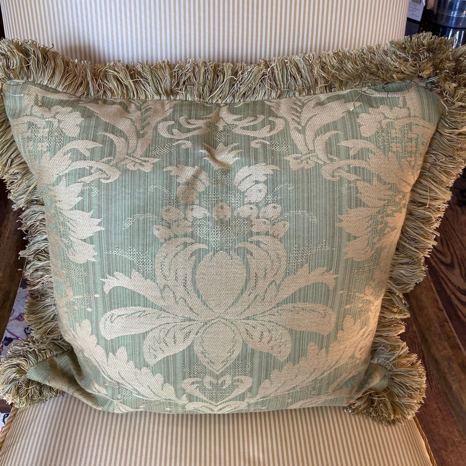 Brunschwig Green Strie Damask 20 X 20 Square Designer Pillow with Down Feather Insert