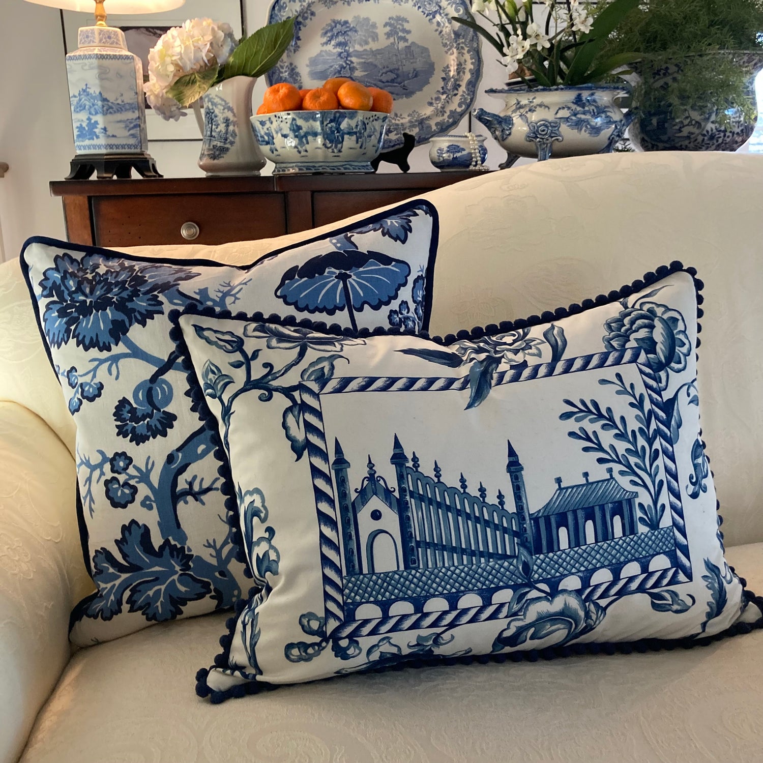 Paradise Chinoiserie Blue & White Toile 20 x 20 Square Decorative Pillow with Down Feather Insert