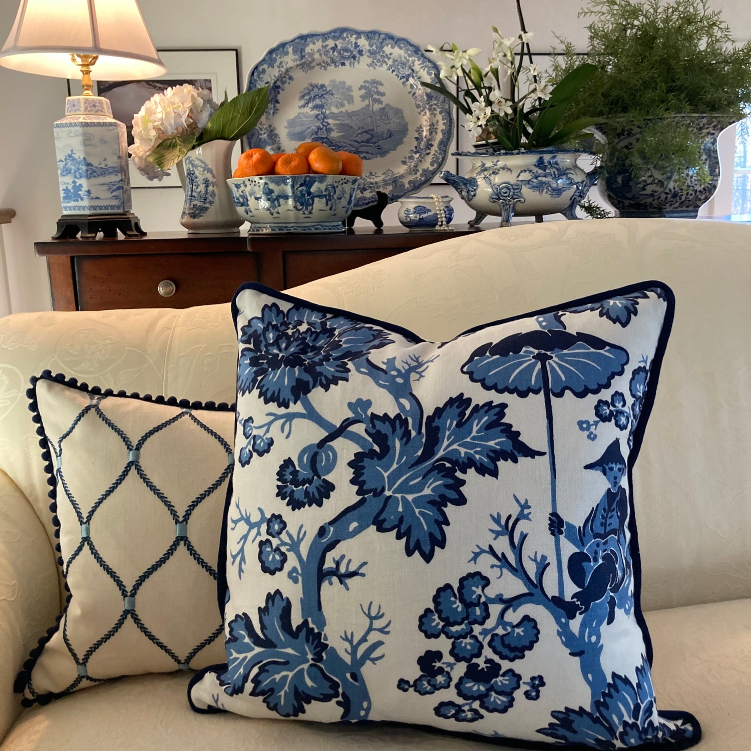 Paradise Chinoiserie Blue & White Toile 20 x 20 Square Decorative Pillow with Down Feather Insert