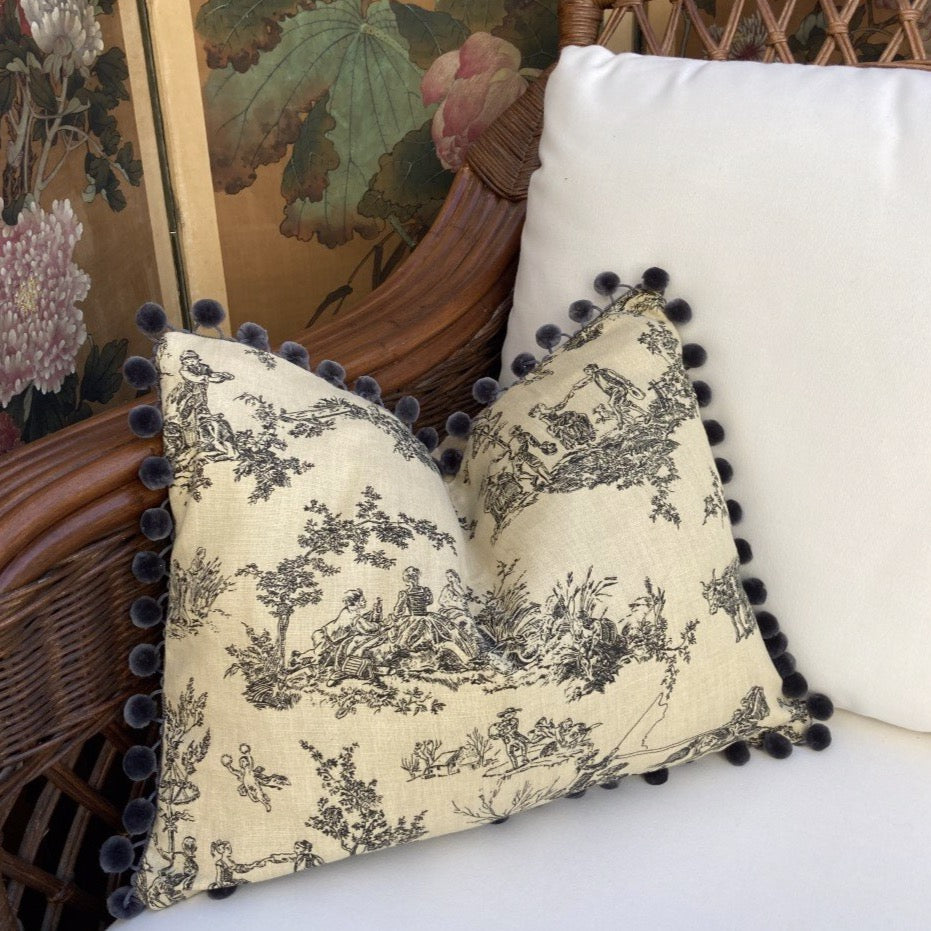 Musical Figures Hand Printed Toile in Charcoal 14 x 18 Rectangle Designer Pillow with Down Feather Insert