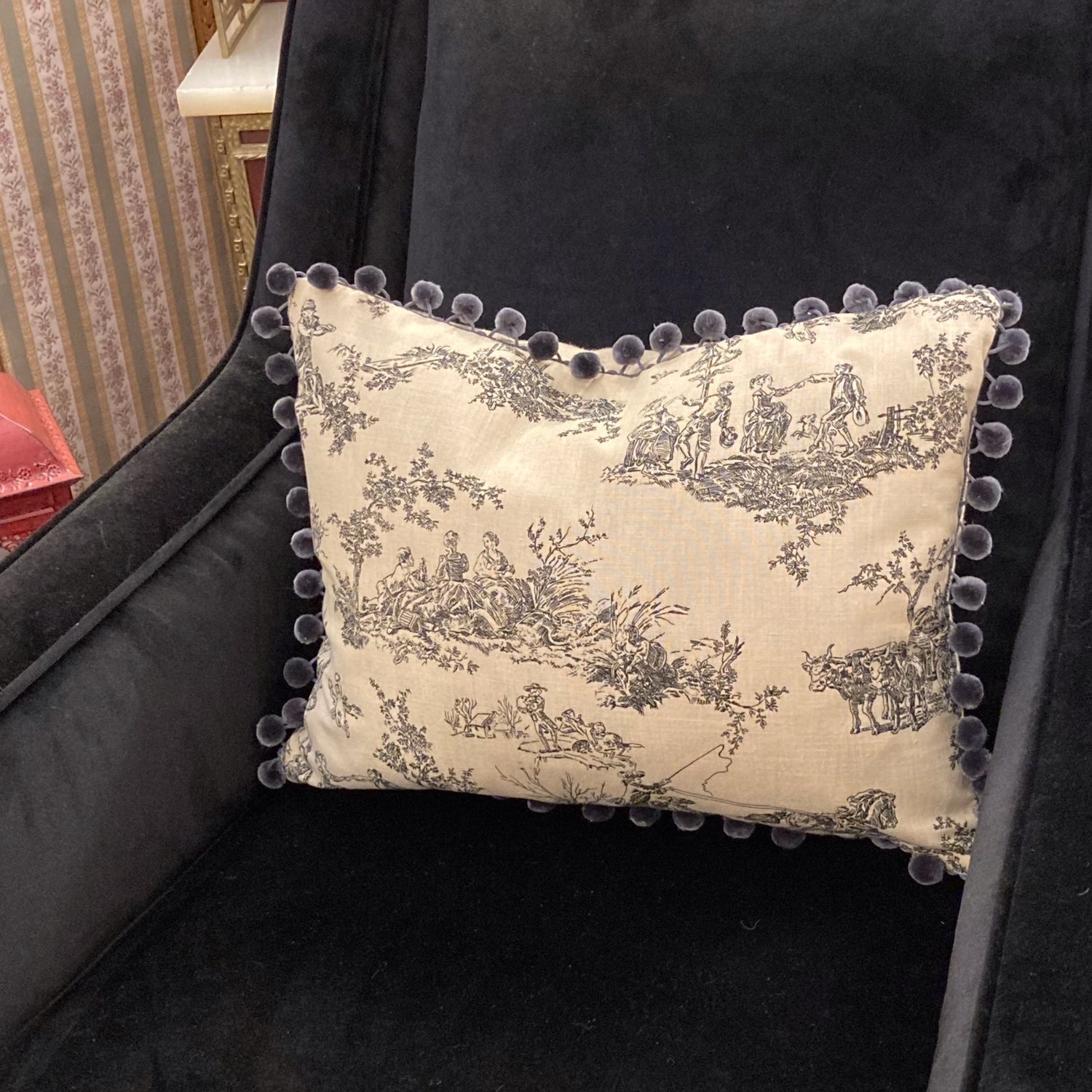 Musical Figures Hand Printed Toile in Charcoal 14 x 18 Rectangle Designer Pillow with Down Feather Insert