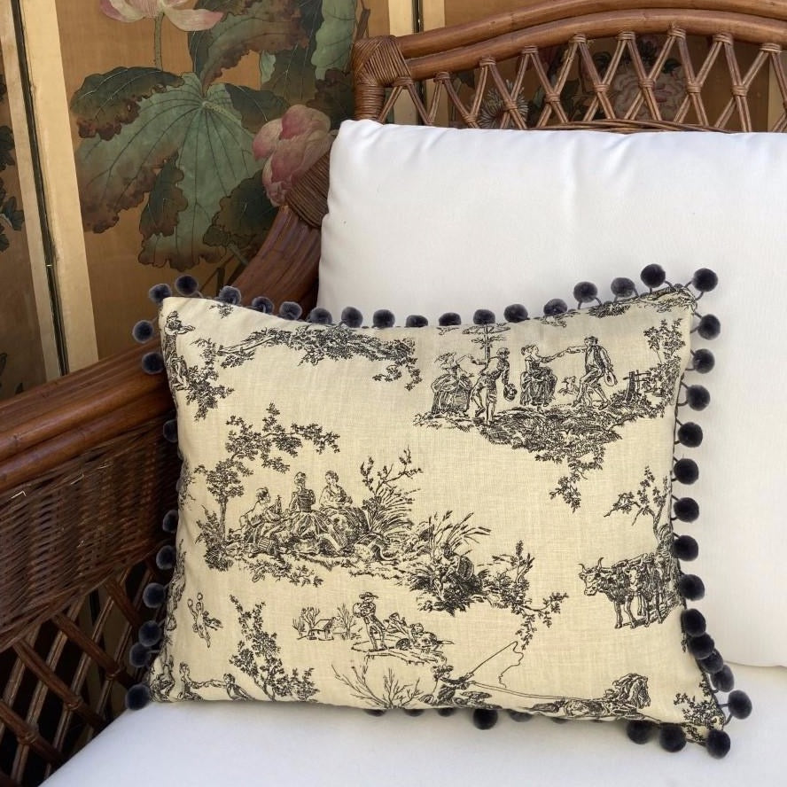 Musical Figures Hand Printed Toile in Charcoal 14 x 18 Rectangle Designer Pillow on Chair