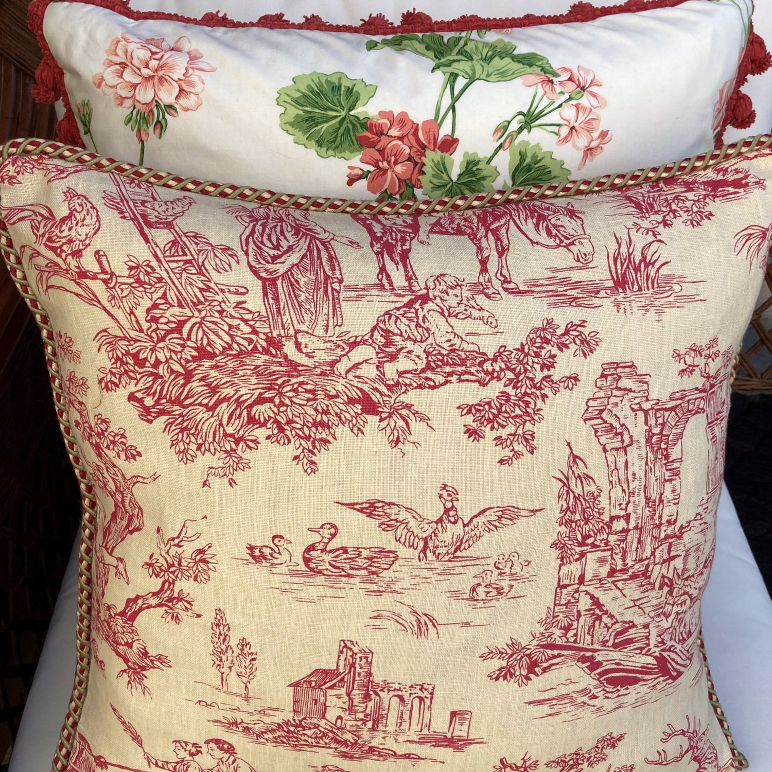 Country Life Hand Printed Red Toile 20x20 Square Pillow on Chair
