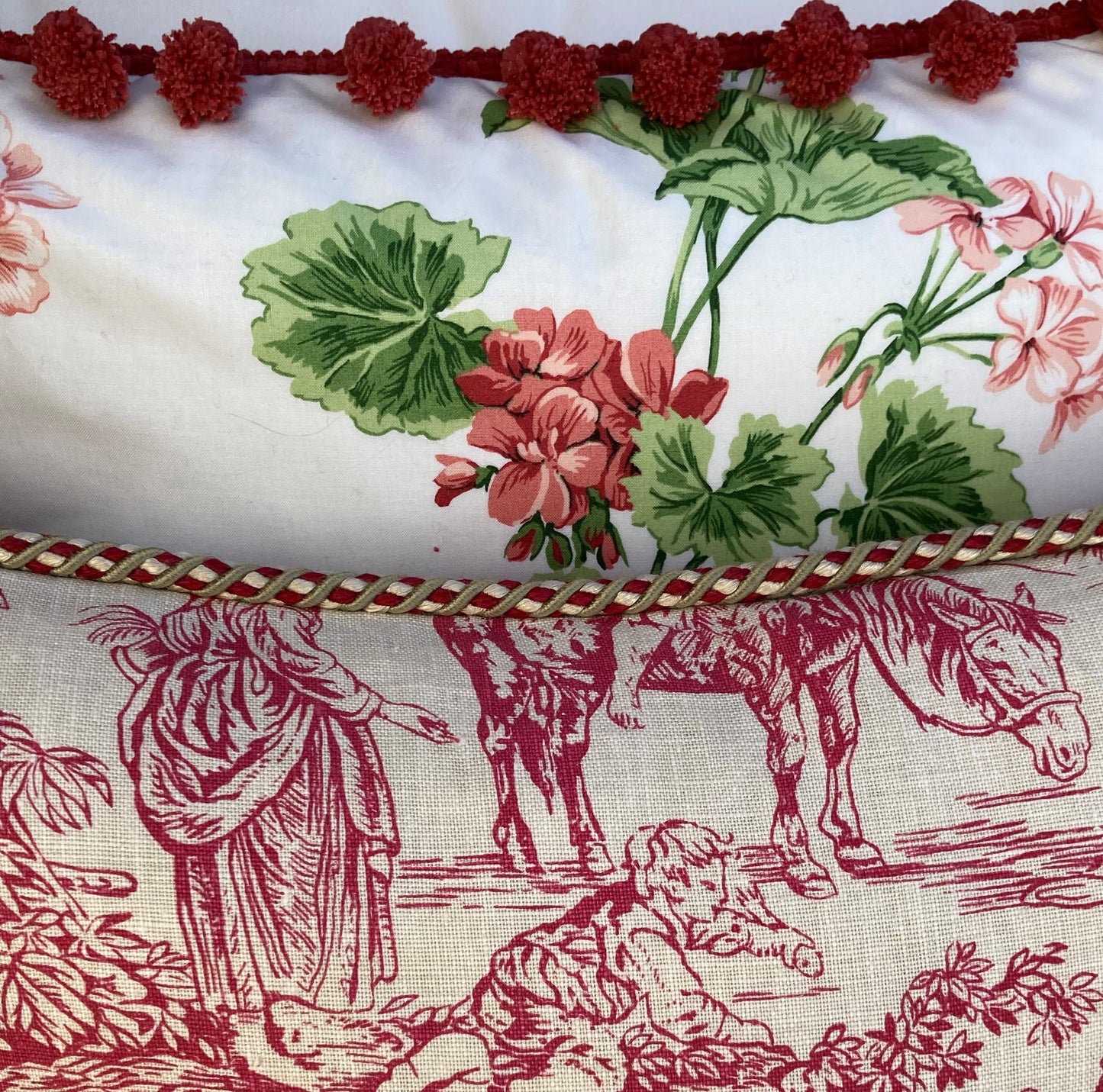 Country Life Hand Printed Red Toile 20x20 Square Pillow Close Up