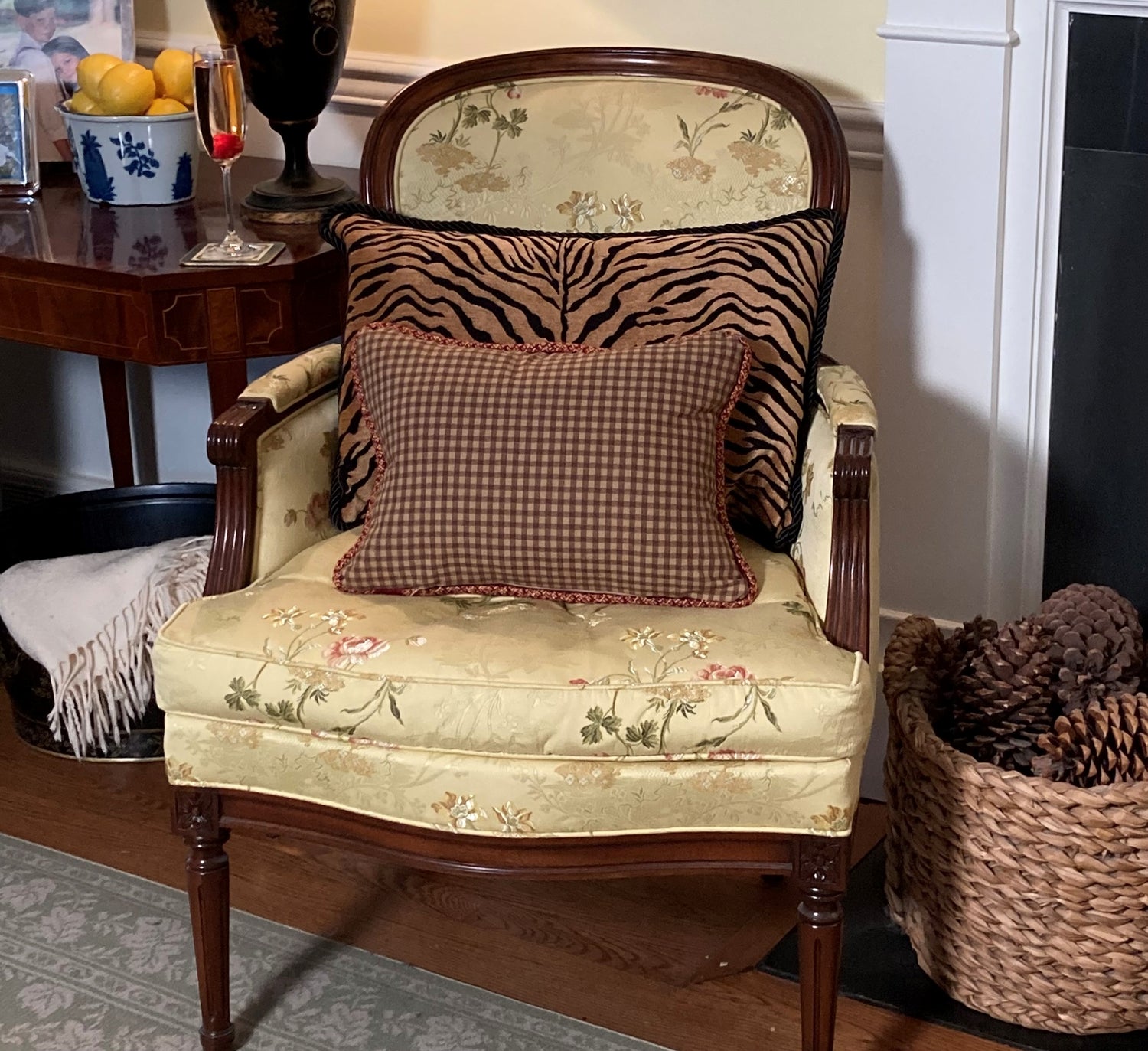 Two French Roosters Pillow Corner Toile in Mustard with Brown Gingham 12 X 16 Rectangle Designer Throw Pillow on Chair with Down Feather Insert