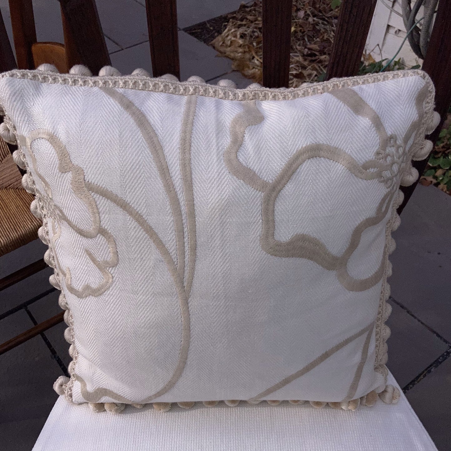 Flore Embroidered Contemporary Neutral 16 X 16 Square Designer Manuel Canovas Pillow with Down Feather Insert