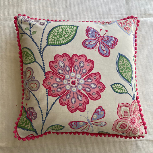 Flower Power Pink and Green 16 x 16 square Inches Designer Pillow with Down Feather Insert