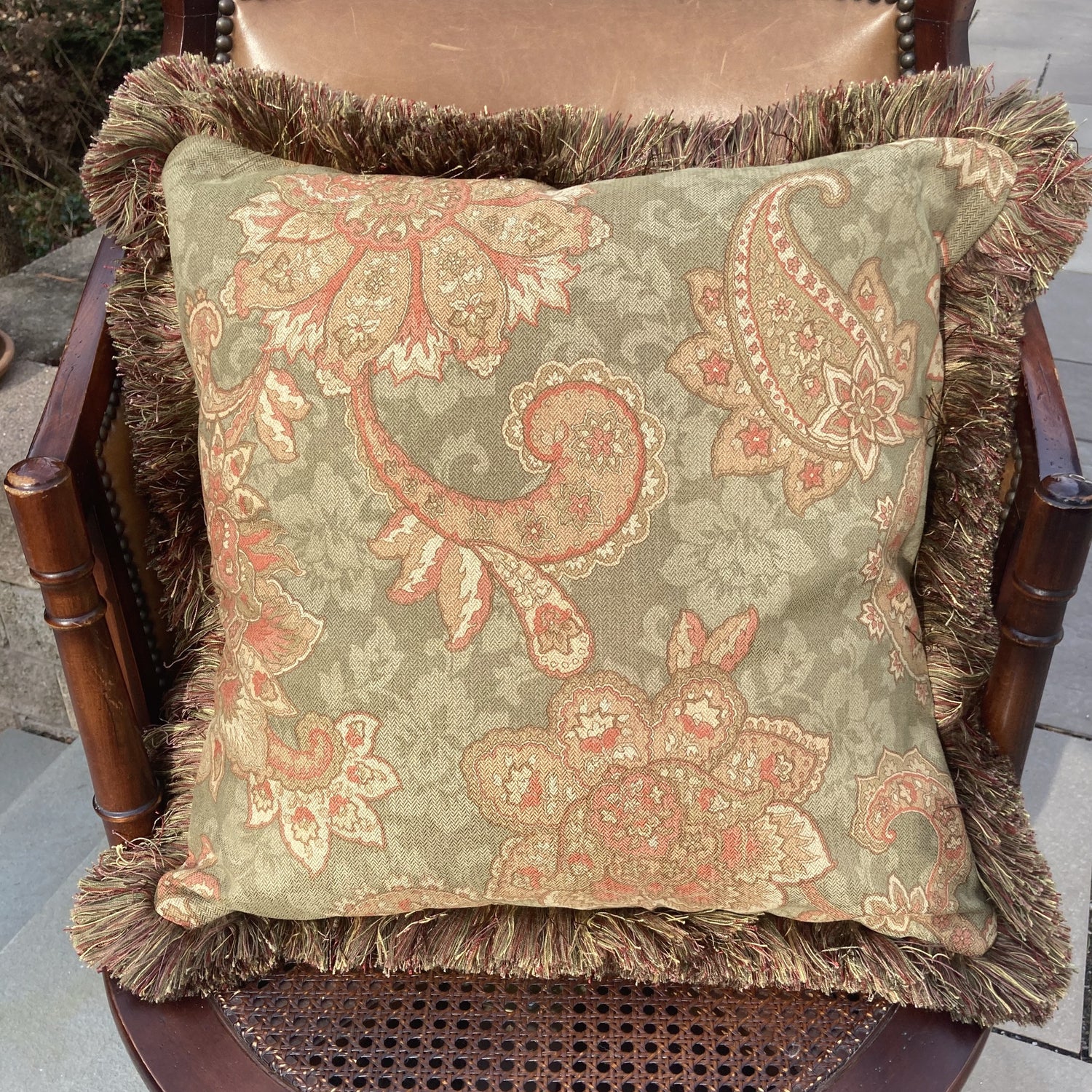 Moss Green Paisley Chenille 21 x 21 Square Decorative Pillow Front with Down Feather Insert