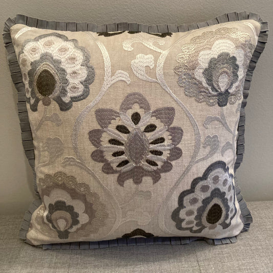 Orissa Embroidered Taupe and Charcoal Ikat Motif 14 x 14 Square Designer Pillow Front with Down Feather Insert