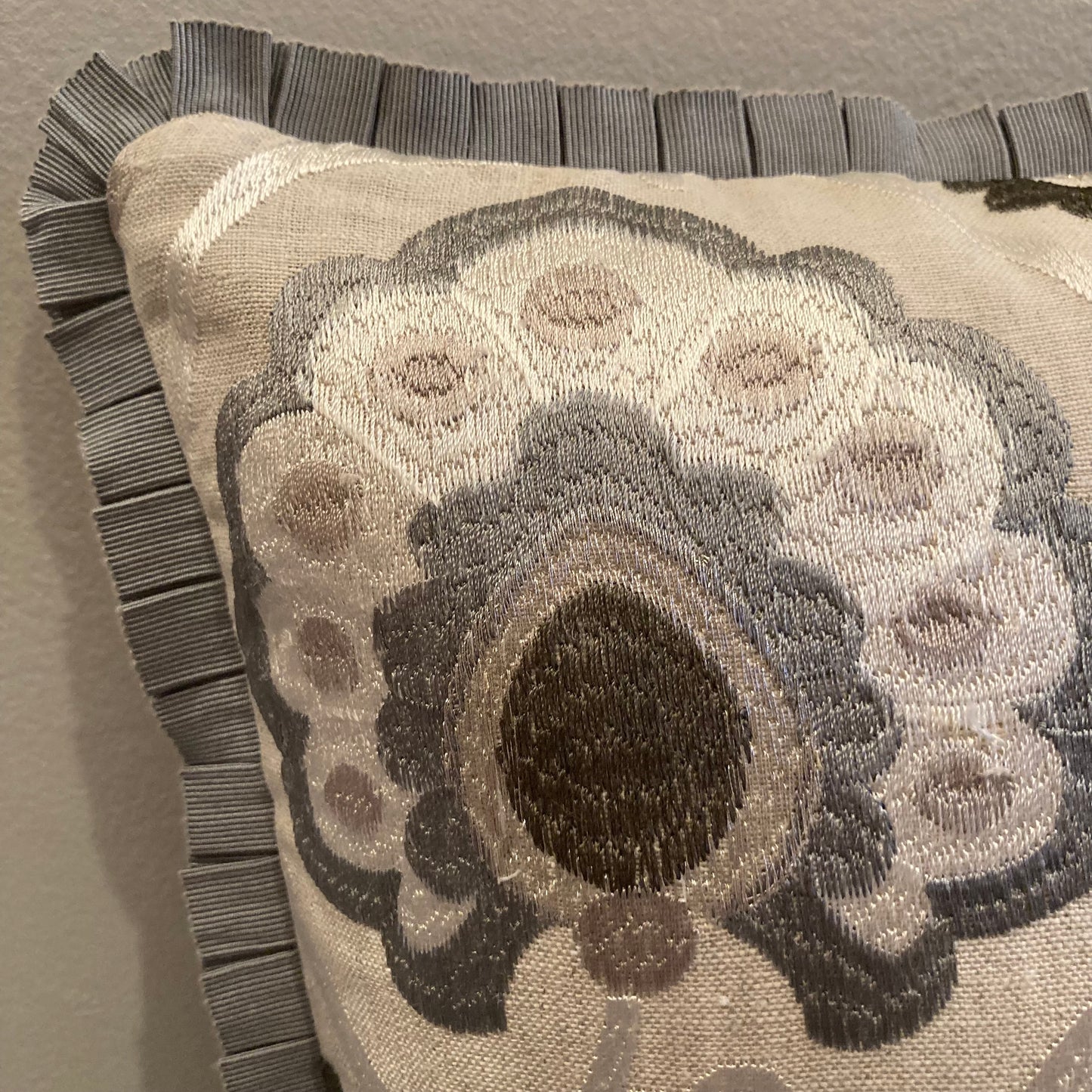 Orissa Embroidered Taupe and Charcoal Ikat Motif 14 x 14 Square Designer Pillow Trim with Down Feather Insert
