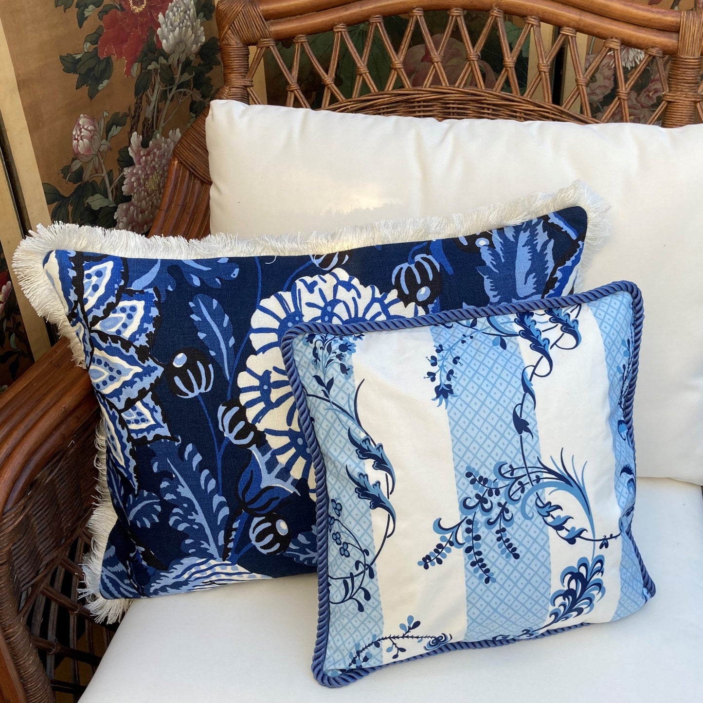 Mitford Blue and White 17 X 23 Rectangle Lumbar Designer Pillow with Down Feather Insert on Chair