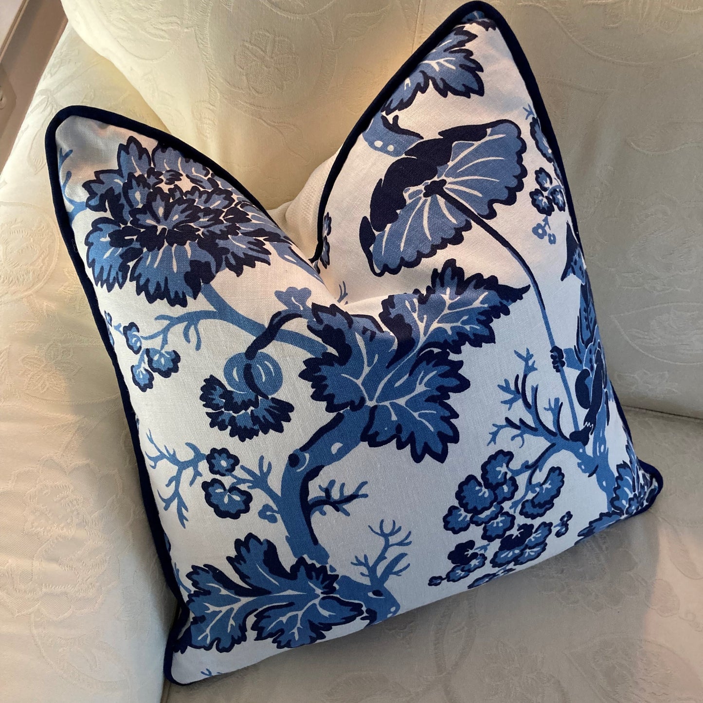 Paradise Chinoiserie Blue & White Toile 20 x 20 Square Decorative Pillow with Down Feather Insert