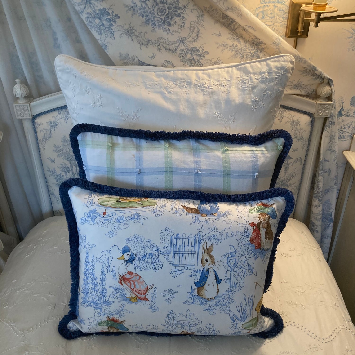 Rare Vintage Designer Peter Rabbit Blue Lumbar 17 x 21 Pillow with Down Feather Insert