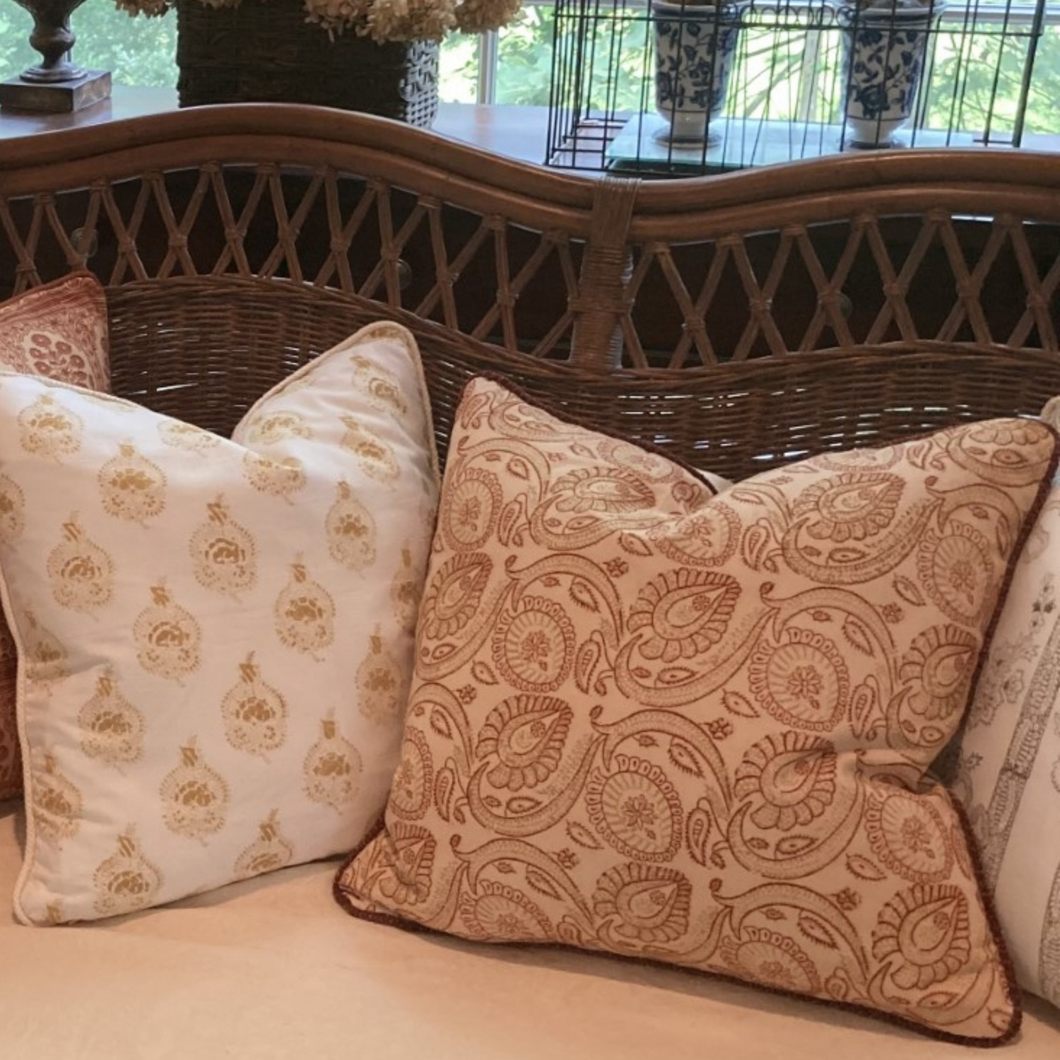 Paisley Hand Block Print Indiennes Pillow 20 X 20 Square Decorative Pillow with Down Feather Insert