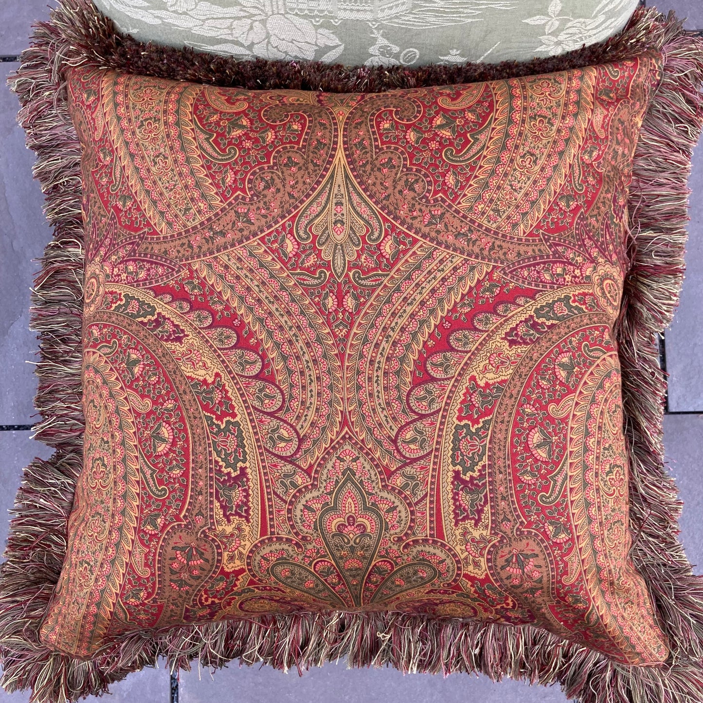 Traditional Crimson Velvet Paisley 21 x 21 Square Inches Decorative Pillow Front with Down Feather Insert