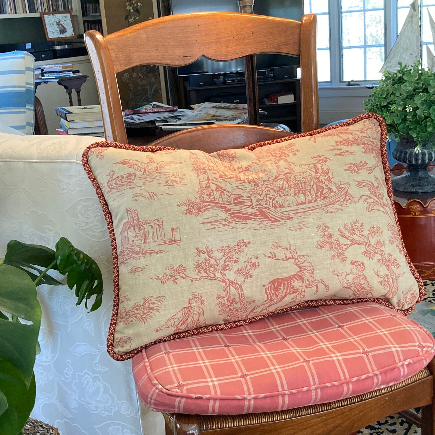 Vintage Country Hand Printed Paprika Red Toile 16 x 24 Rectangle Lumbar Pillow with Down Feather Insert