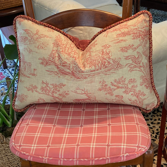 Vintage Country Hand Printed Paprika Red Toile 16 x 24 Rectangle Lumbar Pillow with Down Feather Insert