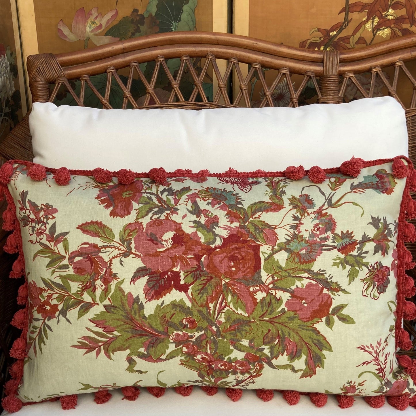 Roses and Mint 16 x 24 Rectangle Lumbar Designer Pillow on Chair