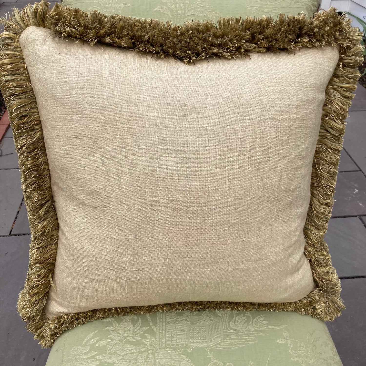 Brunschwig Green Strie Damask 20 X 20 Square Designer Pillow Back with Down Feather Insert